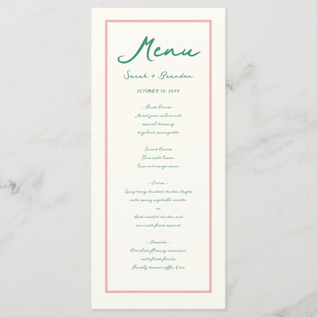 Pastel Handwriting Pinky Green  Retro Wedding Menu (Front)