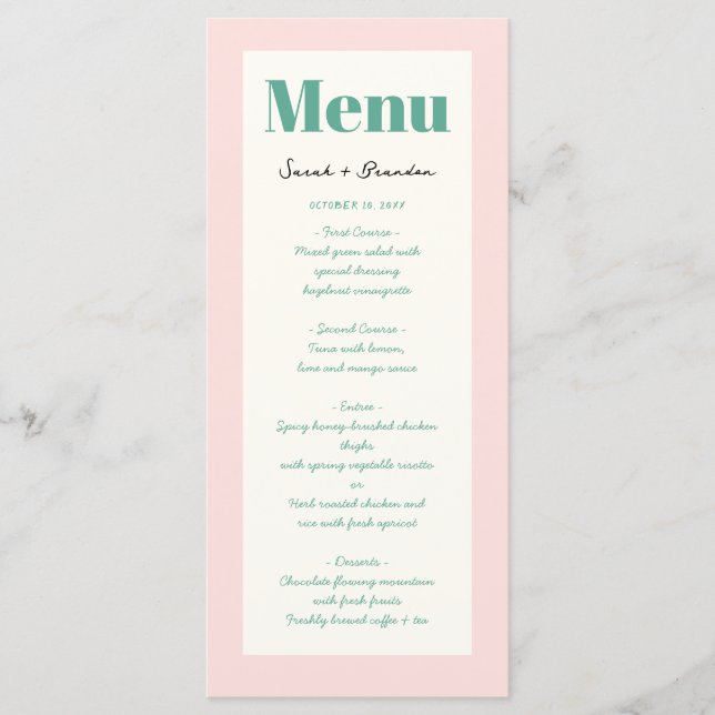 Pastel Handwriting Pinky Green  Retro Wedding Menu (Front)