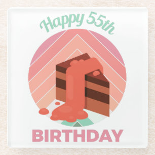 Pastel Happy 55th Birthday Party Cake Piece Glass Coaster