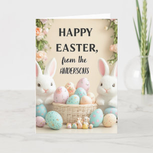 Pastel Happy Easter bunnies and eggs Holiday Card