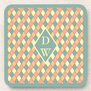 Pastel Harlequin Diamond Monogram Design Coaster