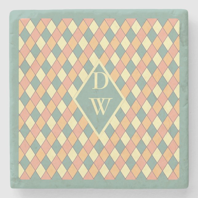 Pastel Harlequin Monogram Geometric Drink Decor Stone Coaster (Front)