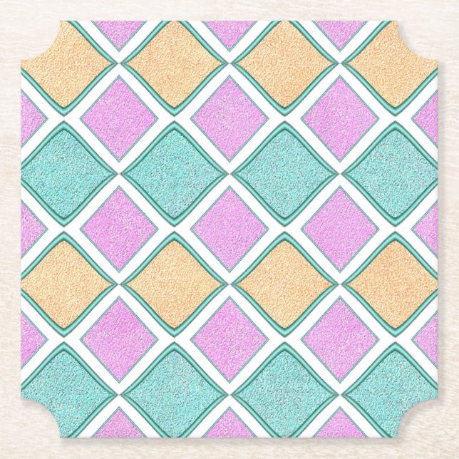  Pastel Harlequin Prism Diamond Pattern Paper Coaster (Front)