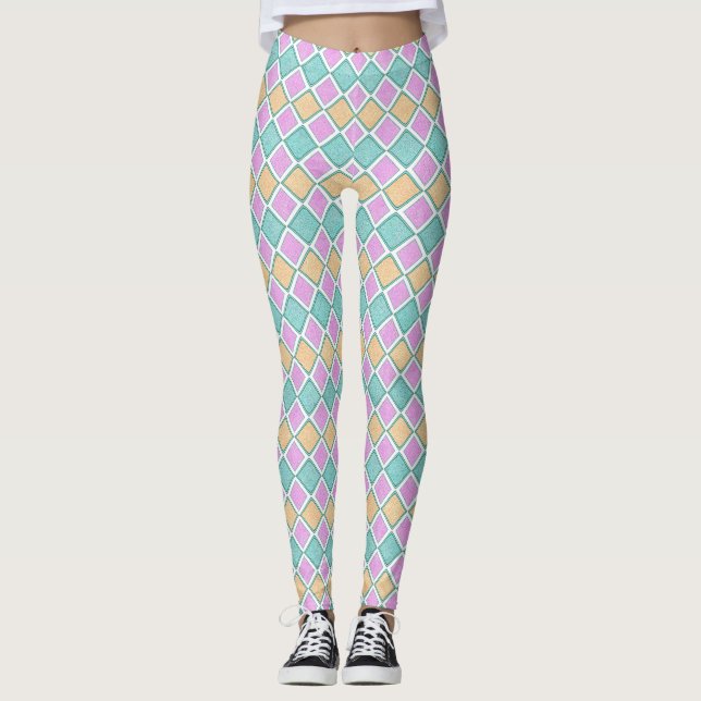  Pastel Harlequin Prism Small Diamond Pattern Leggings (Front)