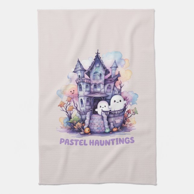 Pastel Hauntings – Cute Pastel Purple House Tea Towel (Vertical)