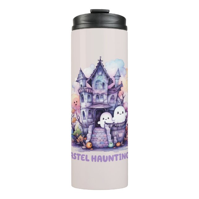 Pastel Hauntings – Cute Pastel Purple House Thermal Tumbler (Front)