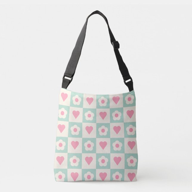 Pastel Heart and Flower Pattern Crossbody Bag (Front)