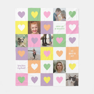 Pastel Heart Chequerboard Couple's Photo Gift Fleece Blanket