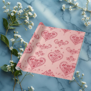 Pastel Heart Motifs Delicate Floral Romantic Style Wrapping Paper