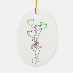 Pastel Heart Shaped Ballons Bouquet Illustration Ceramic Ornament