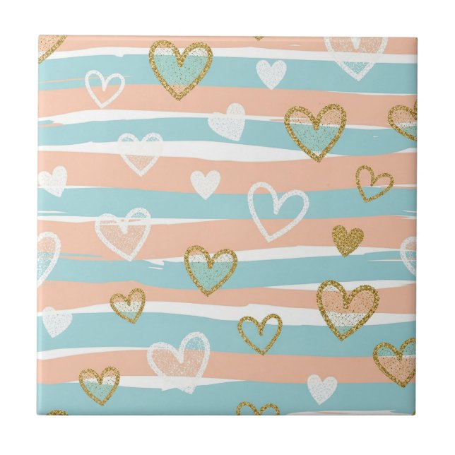 Pastel Heart Stripes Glitter Style Pattern (10) Ceramic Tile (Front)
