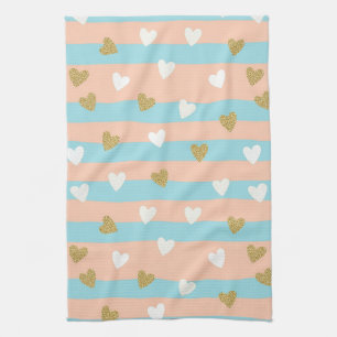 Pastel Heart Stripes Glitter Style Pattern (14) Tea Towel