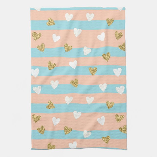 Pastel Heart Stripes Glitter Style Pattern (14) Tea Towel (Vertical)