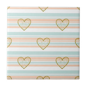 Pastel Heart Stripes Glitter Style Pattern (16) Ceramic Tile