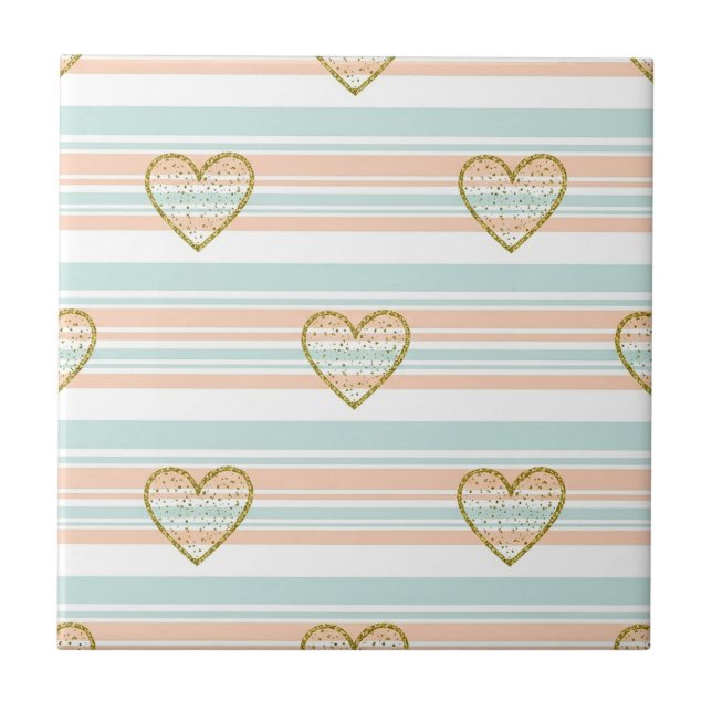 Pastel Heart Stripes Glitter Style Pattern (16) Ceramic Tile (Front)