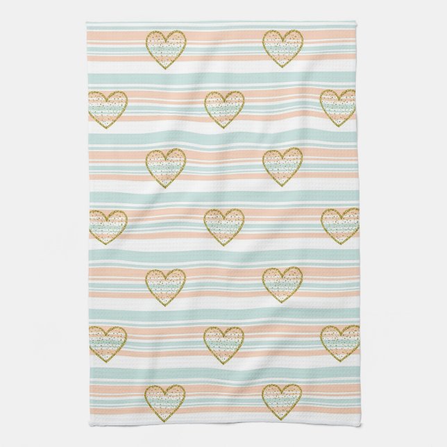 Pastel Heart Stripes Glitter Style Pattern (16) Tea Towel (Vertical)