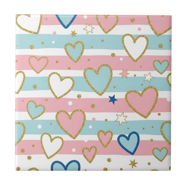 Pastel Heart Stripes Glitter Style Pattern (3) Ceramic Tile (Front)