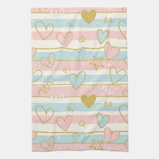 Pastel Heart Stripes Glitter Style Pattern (7) Tea Towel (Vertical)