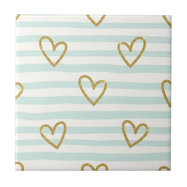Pastel Heart Stripes Glitter Style Pattern Ceramic Tile (Front)