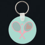 Pastel Heart Tennis Player Racquets Ball Design   Key Ring<br><div class="desc">Classic and elegant, preppy pink Tennis Rackets with heart For Her | Summer Tennis Court. Gift for tennis player, pink racquet tennis match on a pastel light blue background. Personalised Gift for a tennis player. Trendy tennis players home decor. Trendy modern tennis player gifts. Cool retro modern gift for your...</div>