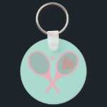 Pastel Heart Tennis Player Racquets Ball Design   Key Ring<br><div class="desc">Classic and elegant, preppy pink Tennis Rackets with heart For Her | Summer Tennis Court. Gift for tennis player, pink racquet tennis match on a pastel light blue background. Personalised Gift for a tennis player. Trendy tennis players home decor. Trendy modern tennis player gifts. Cool retro modern gift for your...</div>