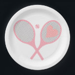 Pastel Heart Tennis Racquets And Ball Design   Paper Plate<br><div class="desc">Classic and elegant, pink Tennis Rackets with heart For Her | Summer Tennis Court. Gift for tennis player, pink racquet tennis match on a white background. Personalised Gift for a tennis player. Trendy tennis players home decor. Trendy modern tennis player gifts. Cool retro modern gift for your school tennis coach...</div>