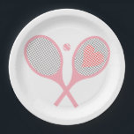 Pastel Heart Tennis Racquets And Ball Design   Paper Plate<br><div class="desc">Classic and elegant, pink Tennis Rackets with heart For Her | Summer Tennis Court. Gift for tennis player, pink racquet tennis match on a white background. Personalised Gift for a tennis player. Trendy tennis players home decor. Trendy modern tennis player gifts. Cool retro modern gift for your school tennis coach...</div>