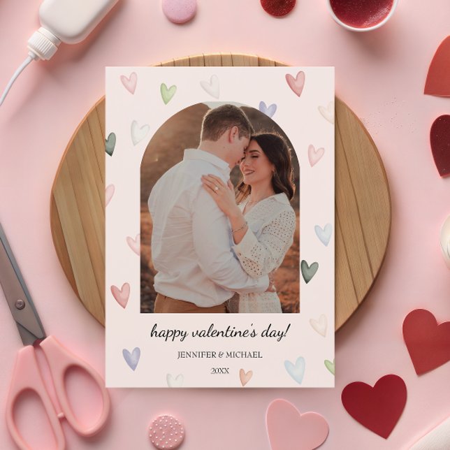 Pastel Hearts Arch Valentine Photo Memory Holiday Card (Creator Uploaded)