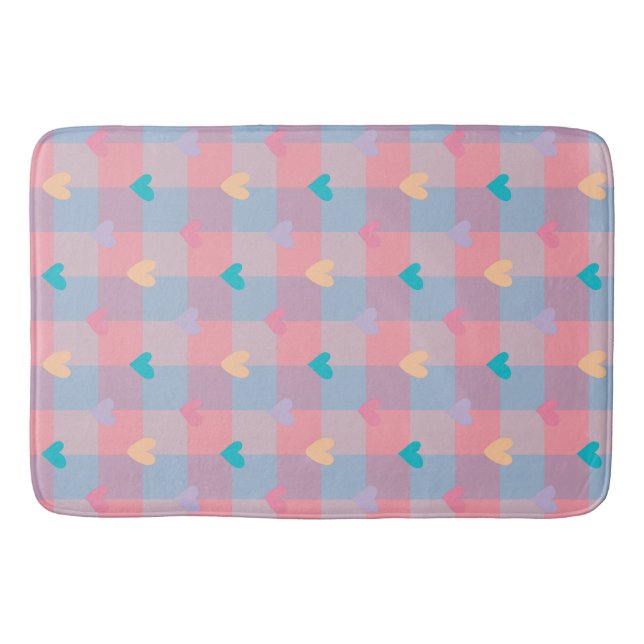 Pastel Hearts Chequerboard Pattern – Cute Seamless Bath Mat (Front)