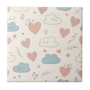Pastel Hearts & Clouds Watercolor Dream (10) Ceramic Tile
