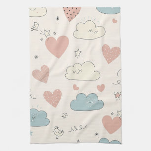 Pastel Hearts & Clouds Watercolor Dream (10) Tea Towel