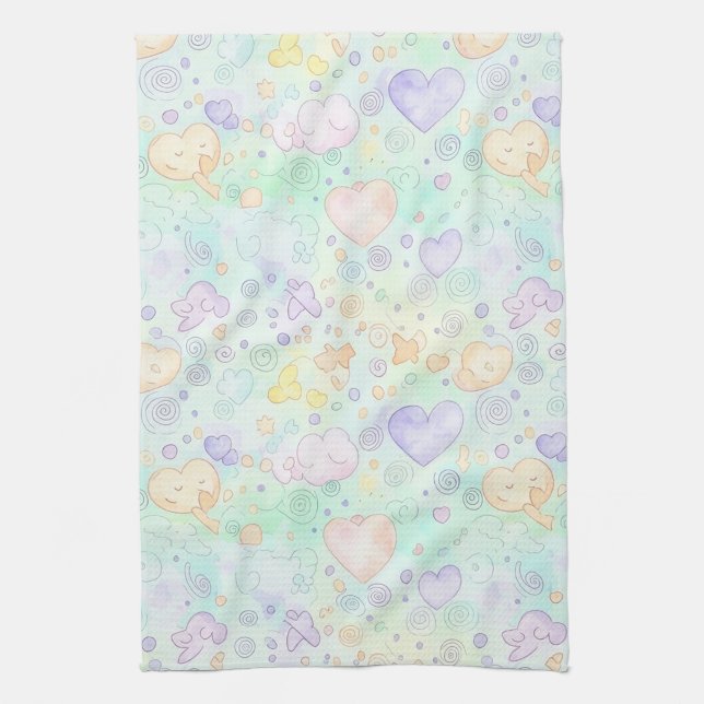 Pastel Hearts & Clouds Watercolor Dream (2) Tea Towel (Vertical)