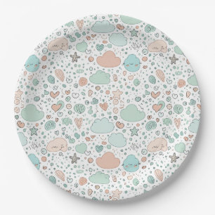 Pastel Hearts & Clouds Watercolor Dream (3) Paper Plate