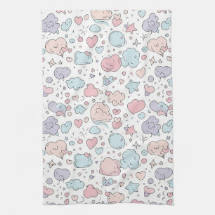 Pastel Hearts & Clouds Watercolor Dream (5) Tea Towel
