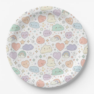 Pastel Hearts & Clouds Watercolor Dream (6) Paper Plate