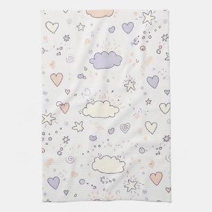 Pastel Hearts & Clouds Watercolor Dream (7) Tea Towel