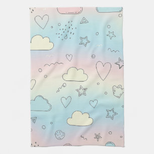 Pastel Hearts & Clouds Watercolor Dream (8) Tea Towel