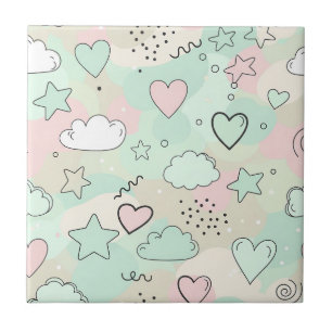 Pastel Hearts & Clouds Watercolor Dream (9) Ceramic Tile