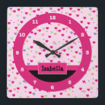 Pastel Hearts on Pink Personalised Square Wall Clock<br><div class="desc">This cute girly clock features a light pink,  purple,  orange & green heart pattern background accented with a pink stripe and a pink box with customisable text for personalisation.  This pink heart clock makes a perfect accent for a girls bedroom.</div>