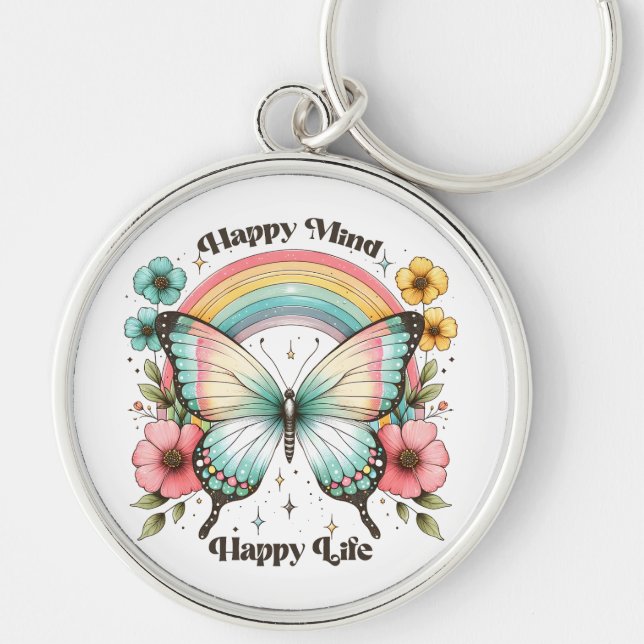 Pastel Hippie "Happy Mind Happy Life"  Key Ring (Front)