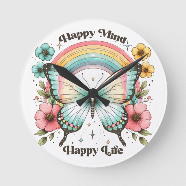 Pastel Hippie "Happy Mind Happy Life" Round Clock (Front)