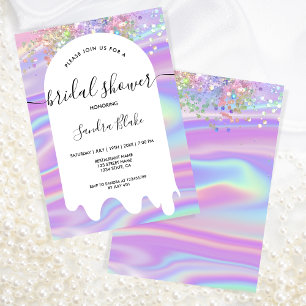 Pastel Holographic Glitter Drips Bridal Shower Invitation