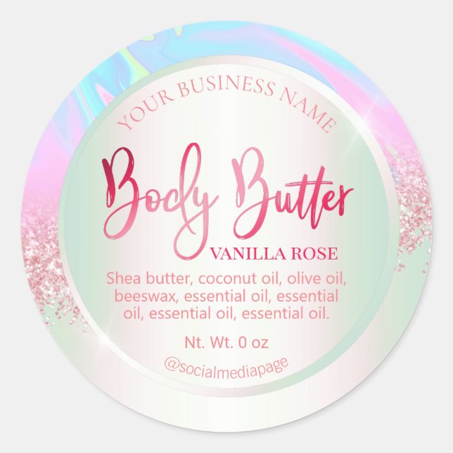 Pastel Holographic Pink Glitter Body Butter Labels (Front)
