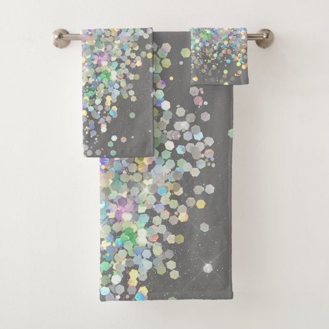 PASTEL HOLOGRAPHIC SPOT GREY BATHROOM TOWEL SET (Insitu)