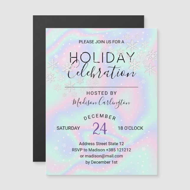 Pastel Holographic Texture Snowflakes Magnetic Invitation (Front/Back)