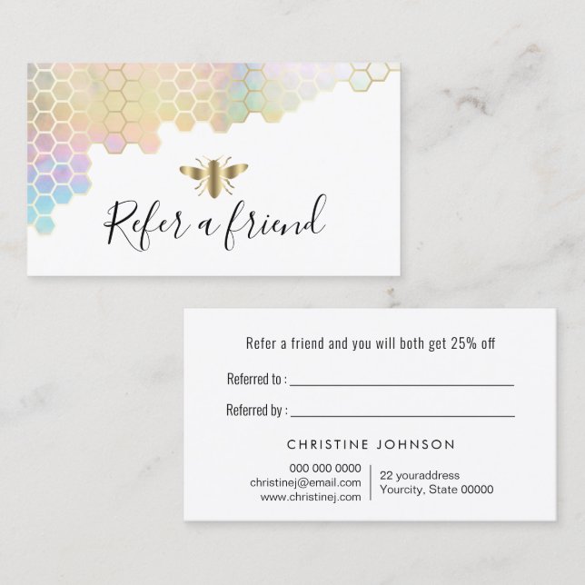 pastel honeycomb faux gold foil bee referral card (Front/Back)