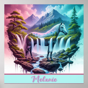 Pastel Horse Waterfall Fantasy Landscape Poster