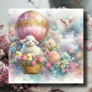 Pastel Hot Air Balloon Easter Lamb Chicks Kids Holiday Card