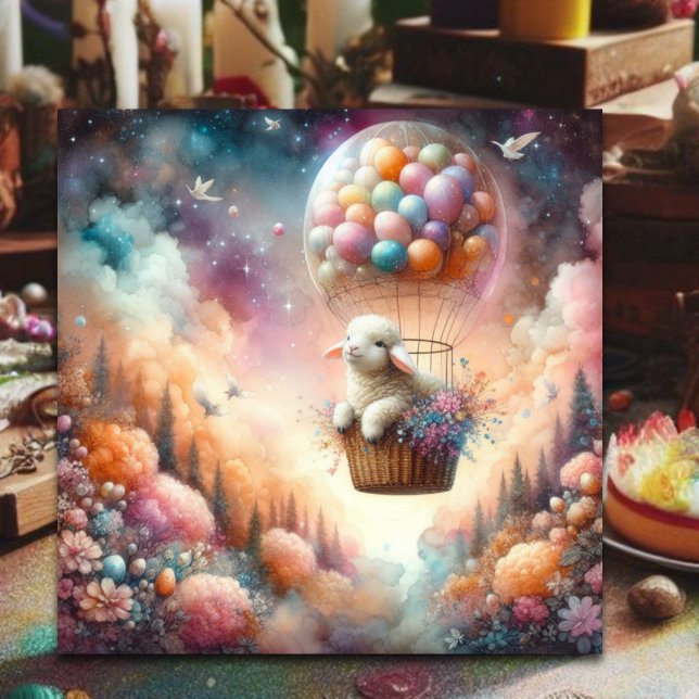 Pastel Hot Air Balloon Easter Lamb Christian  Holiday Card (Creator Uploaded)
