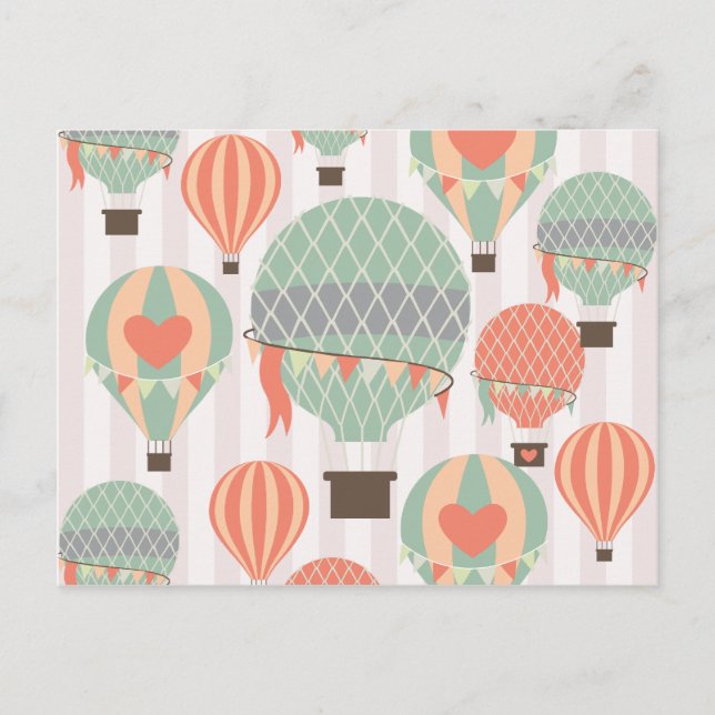 Pastel Hot Air Balloons Rising Pink Striped Sky Postcard (Front)